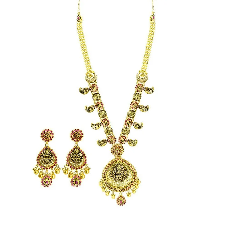 Gold Bar Necklace-22K Yellow Gold Necklace & Earrings Set W/ Ruby, Emeralds, Pear Shaped Laxmi Pendants & Floral Accents