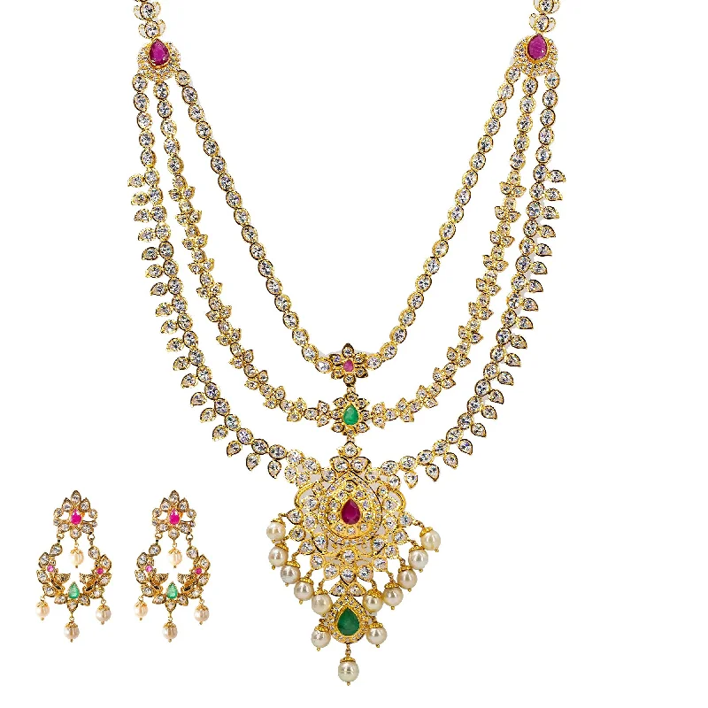 Gold Choker Necklace-22K Yellow Gold Chandelier Necklace & Earrings Set W/ Emeralds, Rubies, Pachi CZ & Pearls