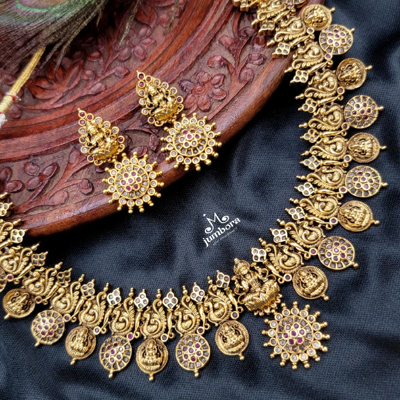 Layered Gold Necklace-Brass Naakshi Peacock Coin Lakshmi Necklace Temple Jewelry Set