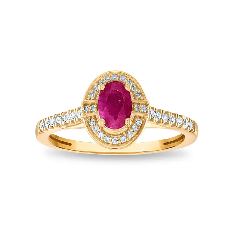 Unique Sterling Silver Ring-LoveSong 6X4MM Oval Ruby and Diamond Halo Ring in 14KT Yellow Gold