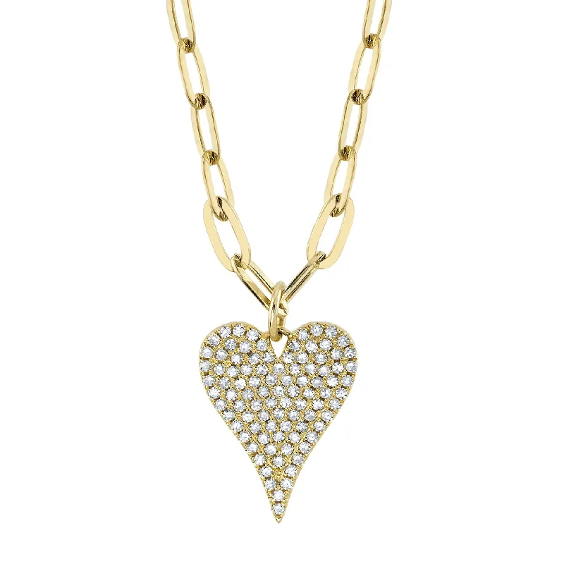 Heart Shaped Necklace-14K Yellow Gold Diamond Pave Heart Paper Clip Link Necklace