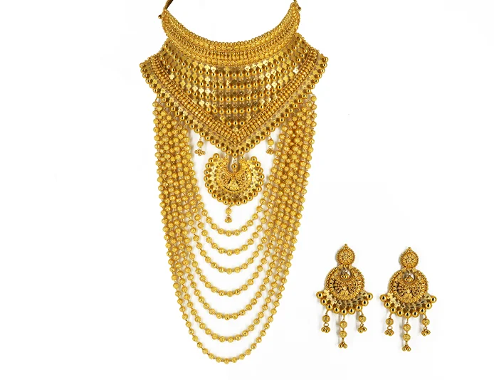 Chunky Gold Necklace-22K Yellow Gold Layered Choker Necklace & Earrings Set W/ High V-Neck Plate & Draping Beaded Strands