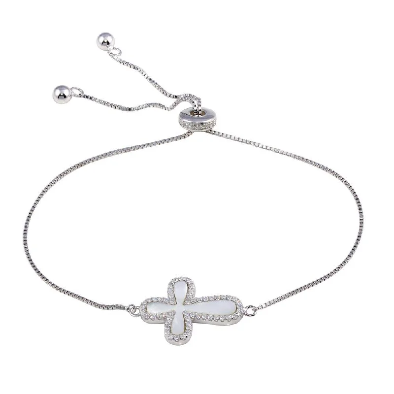 Double Cuff Bracelet-Rhodium Plated 925 Sterling Silver Lariat Side Way Mother of Pearl Cross CZ Bracelet - STB00575