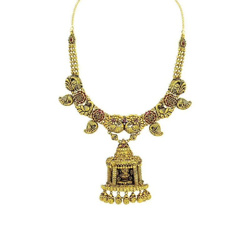 Handmade Silver Necklace-22K Yellow Gold Antique Temple Necklace W/ Ruby, Emerald & Large Laxmi Pendant on Carved Chain