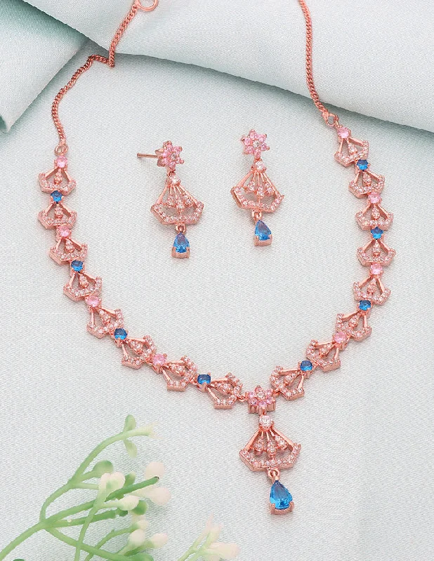 Large Crystal Necklace-Floral Design Rose Gold Zirconia Necklace Set