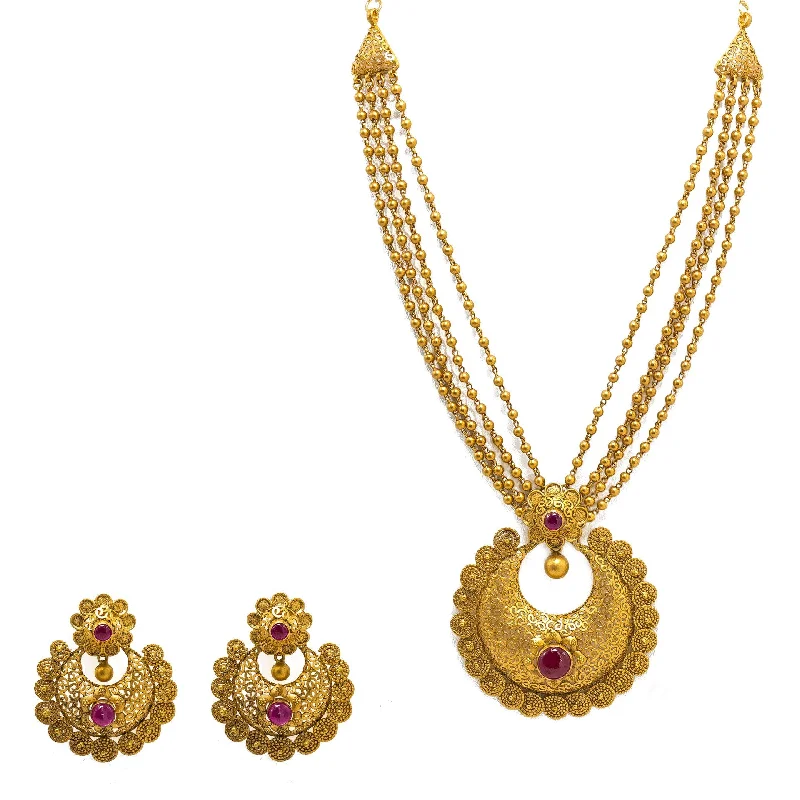 Bold Crystal Necklace-22K Yellow Gold Temple Necklace & Earrings Set W/ Rubies & Multi Strand Beaded Pendant Necklace