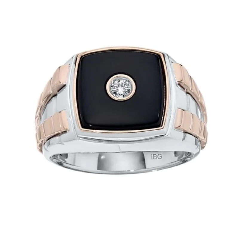 Men's Signet Ring-Cushion Onyx and Diamond Gem Stone Ring in 10KT White and Rose Gold