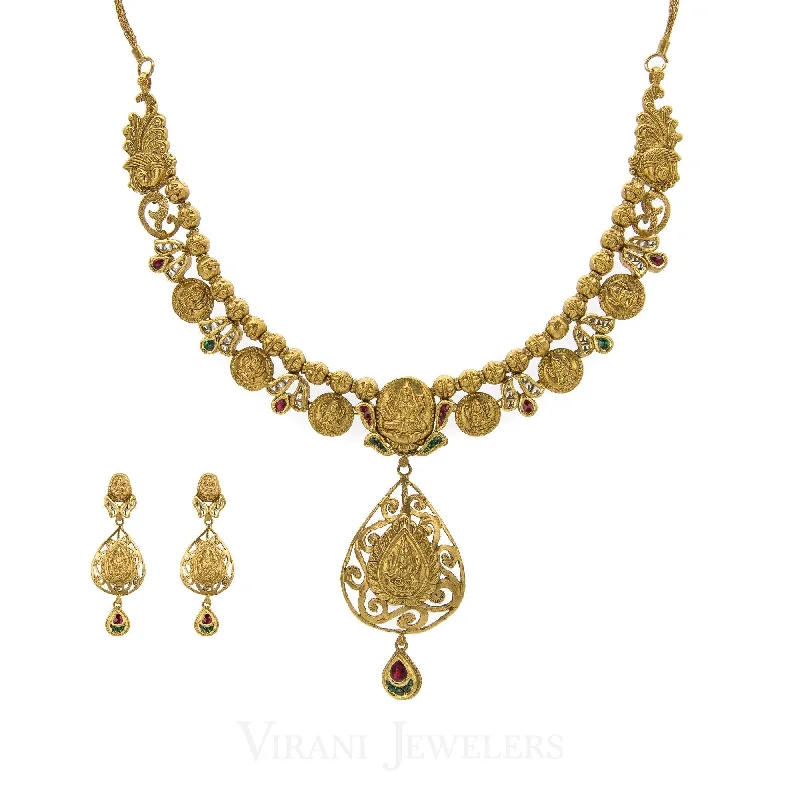 Elegant Necklace with Gemstones-22K Antique Gold Charm Necklac & Drop Earrings Set W/ Ruby, Emerald, and Kundan Stones