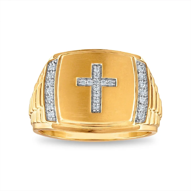 Silver Signet Ring for Men-1/6 CTW Diamond Cross Ring in 10KT Yellow Gold