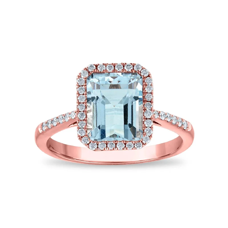 Custom Gemstone Ring-EFFY 9X7MM Emerald Shape Aquamarine and Diamond Halo Engagement Ring in 14KT Rose Gold