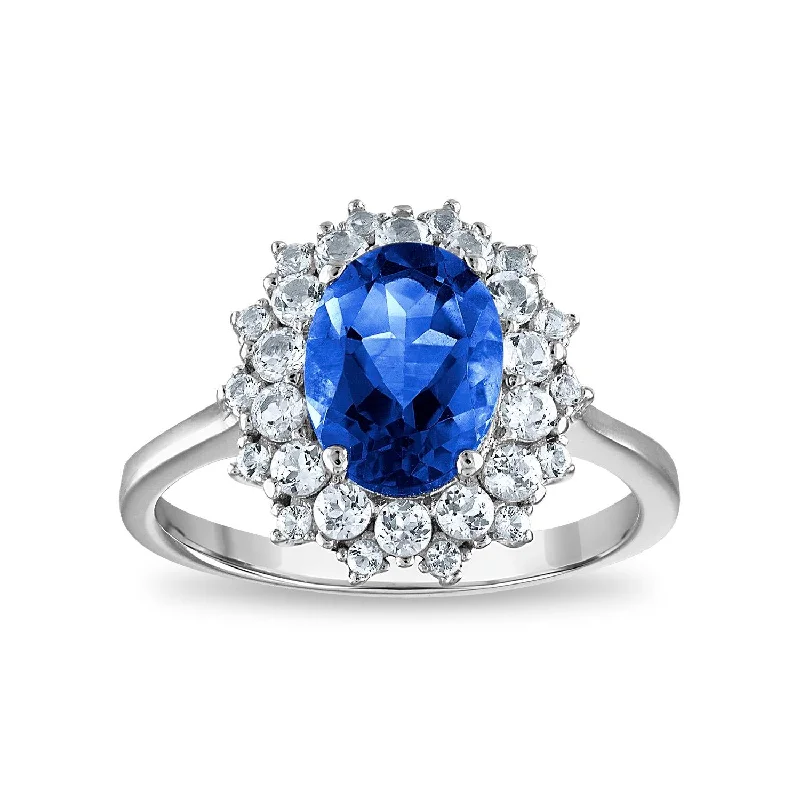 Custom Engagement Ring for Her-9X7MM Oval Blue Sapphire and White Sapphire Halo Ring in Sterling Silver