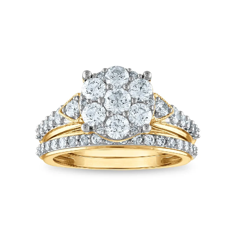 Women’s Ring with Gemstones-LoveSong EcoLove 1-1/2 CTW Lab Grown Diamond Cluster Bridal Set in 10KT Yellow Gold