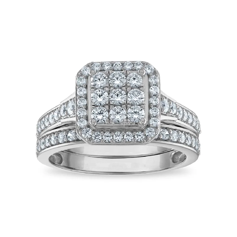 Modern Diamond Ring-LoveSong EcoLove 1 CTW Lab Grown Diamond Cluster Halo Bridal Set in 10KT White Gold