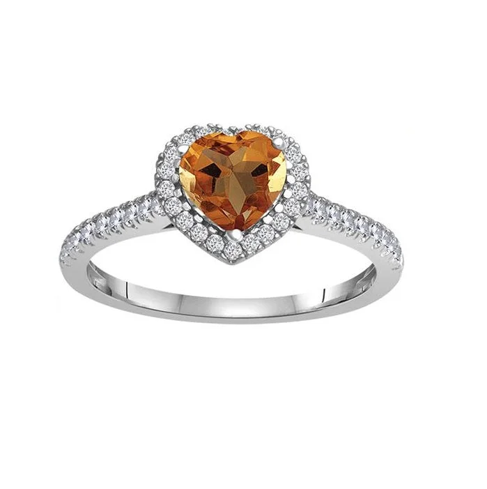 Silver Heart Ring-6MM Heart Shape Citrine and White Sapphire Birthstone Heart Ring in 10KT White Gold