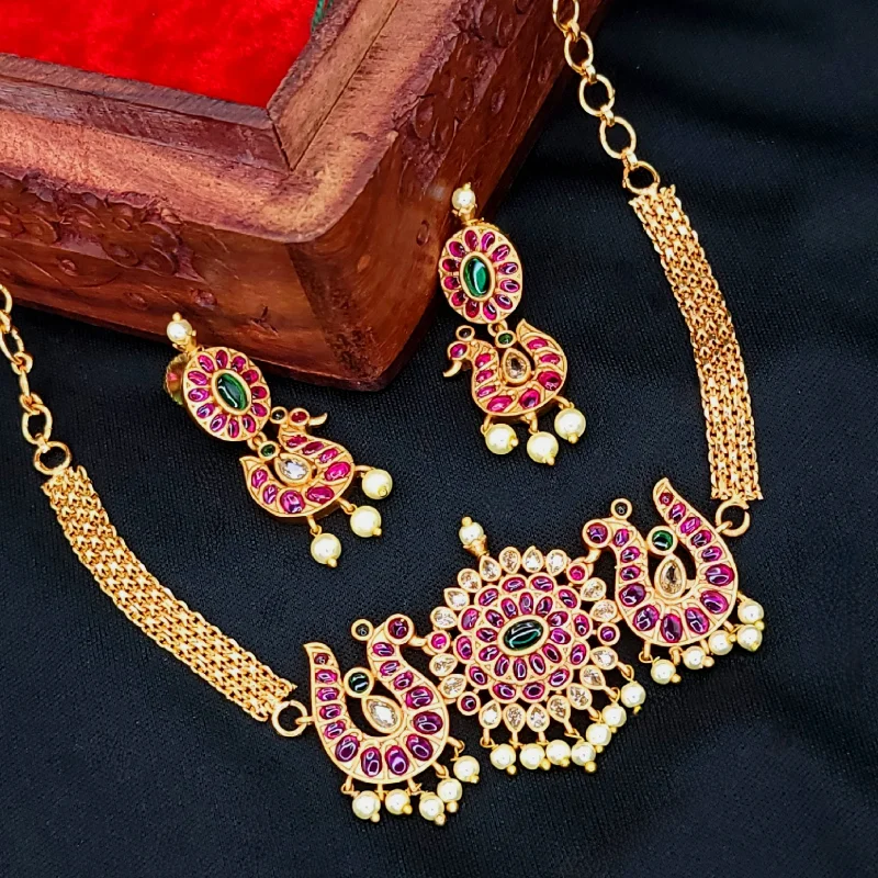 Bridal Necklace Set-Matte Gold Peacock Choker Style Kemp Necklace set