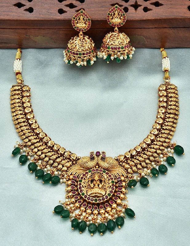 Multicolor Pendant Necklace-Designer Matt Lakshmi Devi Ruby Emerald Necklace Set With Monalisa Beads