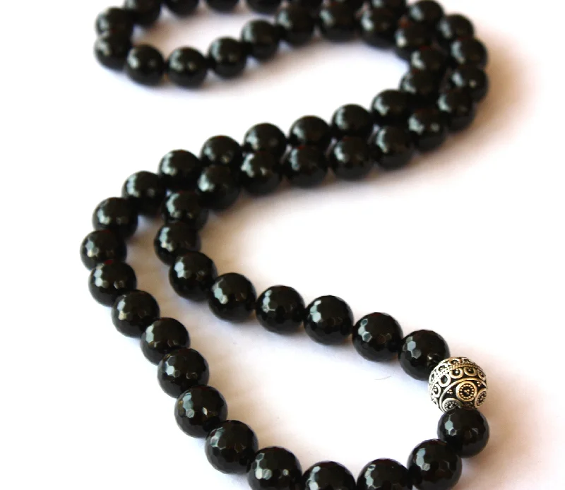 Silver Choker Necklace-Devi Guru Bead Necklace- Black Onyx