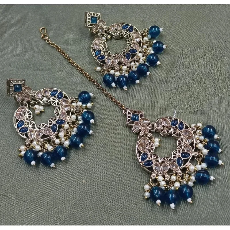 Blue Gem Earrings-Akruti Collection Gold Plated Crystal Stone Earrings With Maangtikka