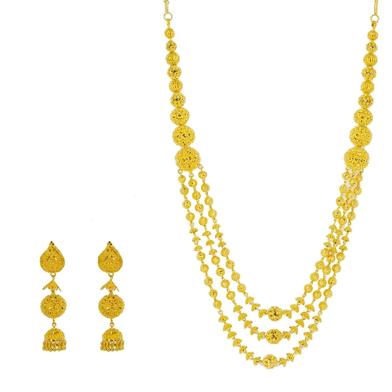 Trendy Choker Necklace-22K Yellow Gold Necklace & Jhumki Drop Earrings Set W/ Gold Balls & Cap Accents