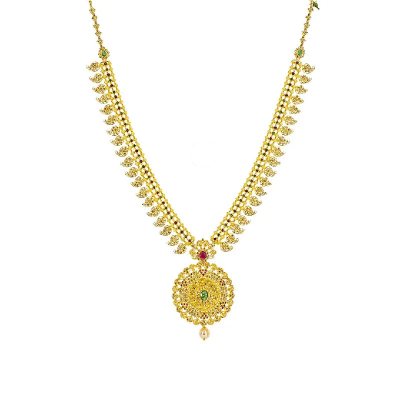 Handmade Pendant Necklace-22K Yellow Gold Uncut Diamond Mango Necklace W/ 9.59ct Uncut Diamonds, Emeralds, Rubies & Drop Pearl