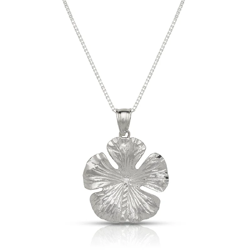 Handmade Silver Necklace-Large Hibiscus Flower .925 Sterling Silver Necklace w. Box Chain