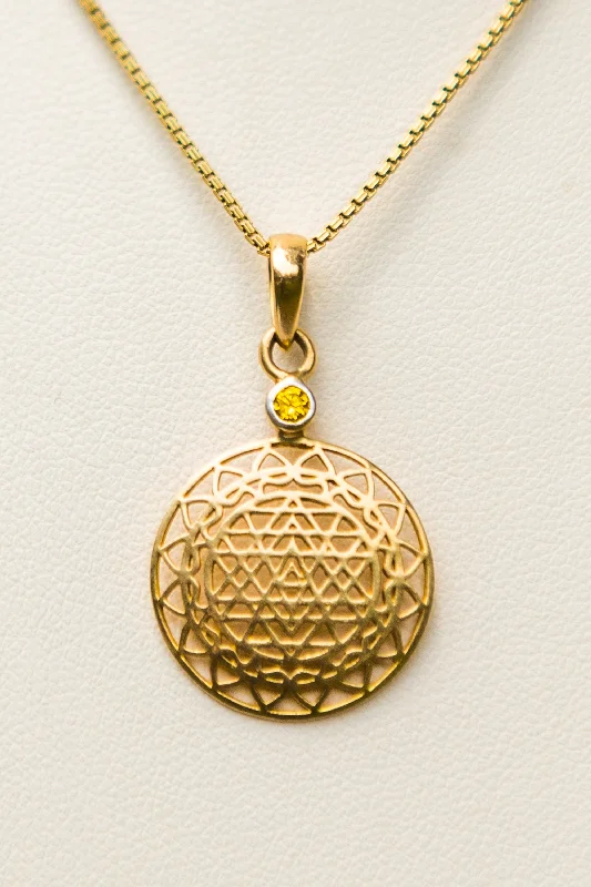 Simple Silver Pendant Necklace-14 kt Gold Sri Yantra Pendant Necklace Mounted in Yellow Sapphire on 18kt chain