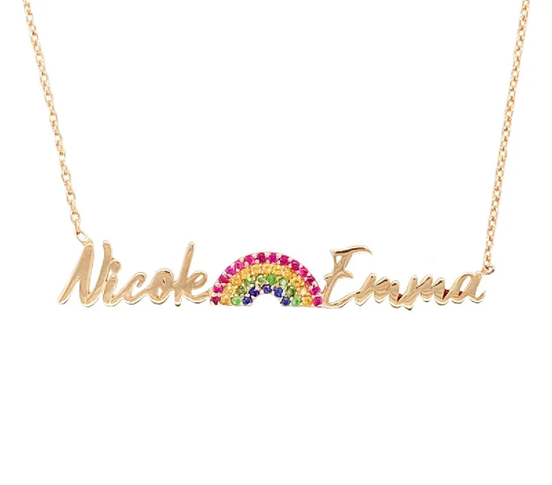 Heart Pendant Necklace for Women-Gold Names and Gemstone Rainbow Necklace