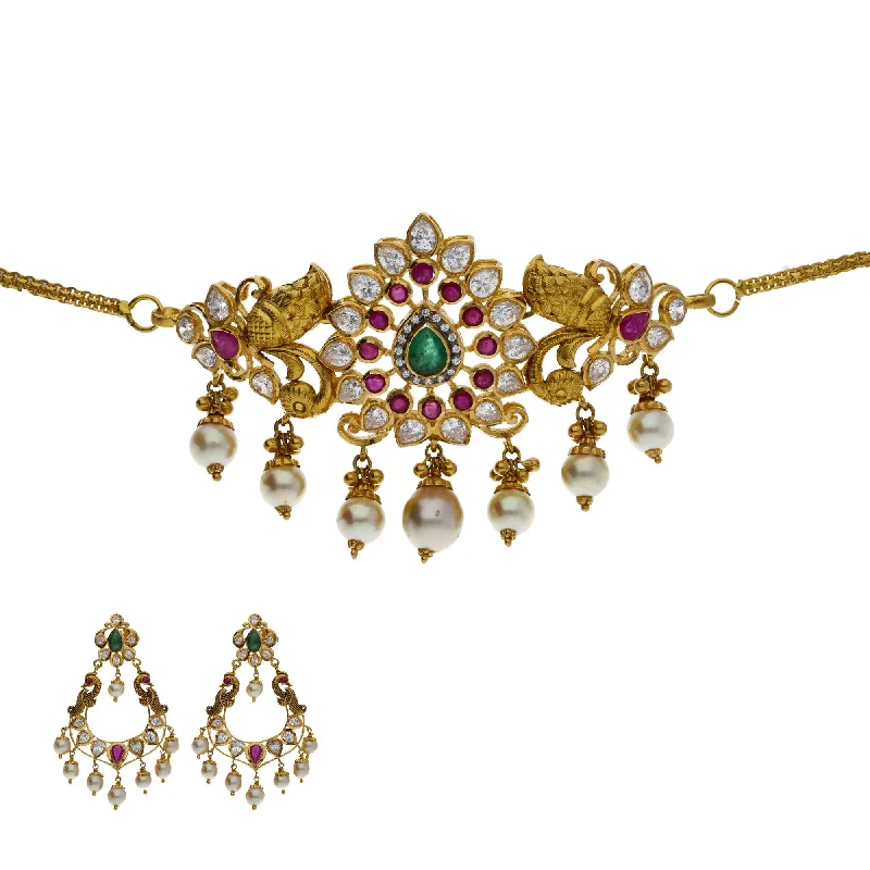 Large Crystal Necklace-22K Yellow Antique Gold 2-in-1 Choker/Vanki & Chandbali Earrings Set W/ Emerald, Ruby, CZ, Pearls & Pear Shaped Accents