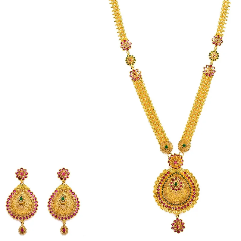 Casual Silver Necklace-22K Yellow Gold Necklace And Earrings Set W/ Rubies, Emeralds, CZ Gems, Flower Charms & Pear Pendants