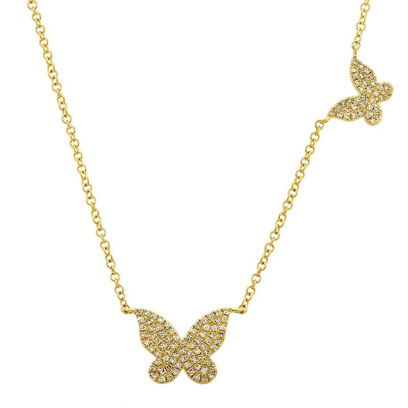 Gold Choker Necklace-14K Yellow Gold Diamond Double Butterfly Necklace