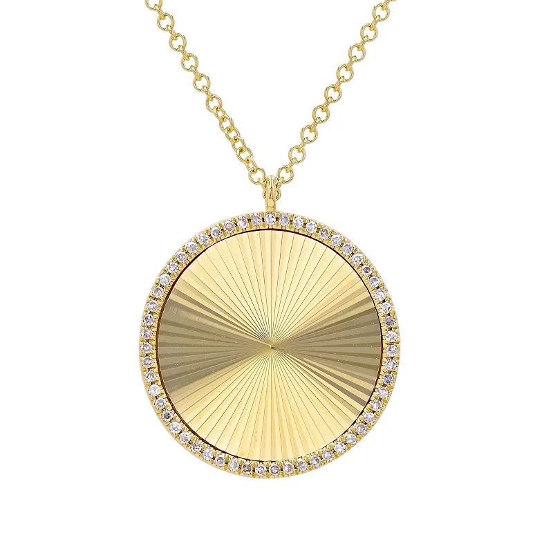 Sterling Silver Pendant Necklace-14K Yellow Gold Fluted Diamond Disc Necklace