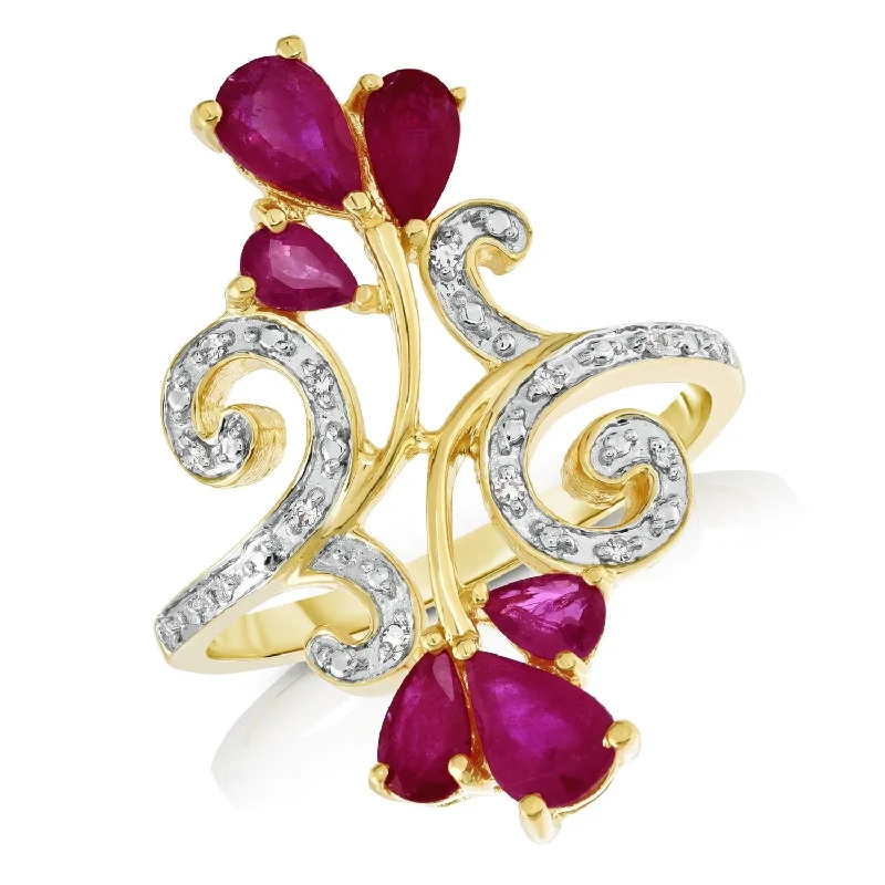 Custom Engraved Ring-Ruby and Diamond Flower Ring in 14KT Yellow Gold