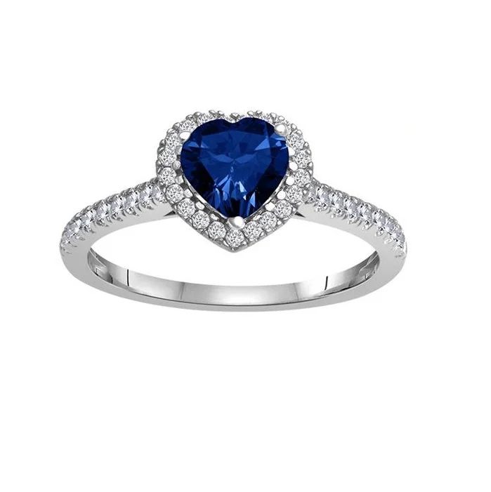 Large Emerald Ring-6MM Heart Shape Blue Sapphire and White Sapphire Birthstone Heart Ring in 10KT White Gold