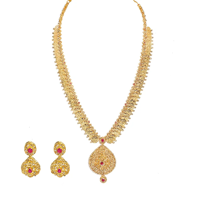 Custom Family Tree Necklace-22K Yellow Gold Diamond Necklace & Earrings Set W/ 14.74ct Uncut Diamonds, Rubies & Laxmi Kasu on Deep V-Neck Pendant Necklace