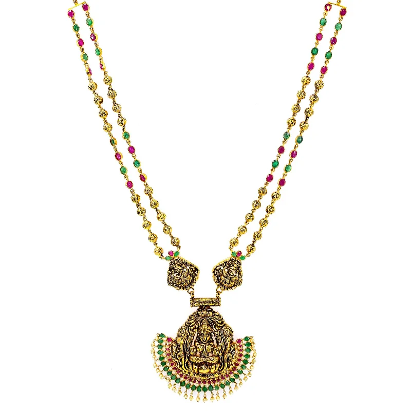 Fashion Jewelry Necklace-22K Yellow Antique Gold Laxmi Haaram Necklace W/ Emeralds, Rubies, Pearls & Ornate Fan Design