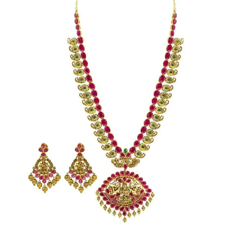 Pearl Necklace for Bride-22K Yellow Gold Set Necklace & Earrings W/ Rubies & Emeralds on Laxmi Eyelet Pendant & Engraved Mango Accents