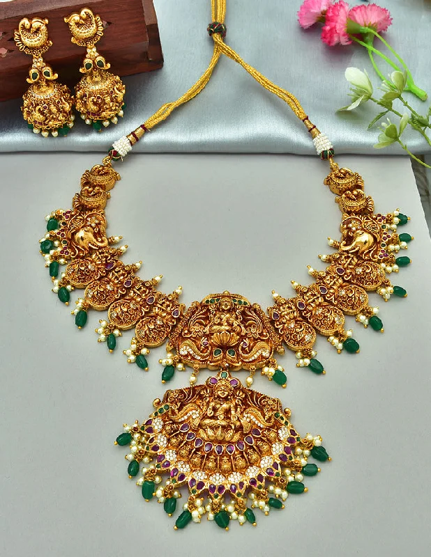 Vintage Silver Necklace-Designer Lakshmi Devi Kempu Wedding Necklace Set