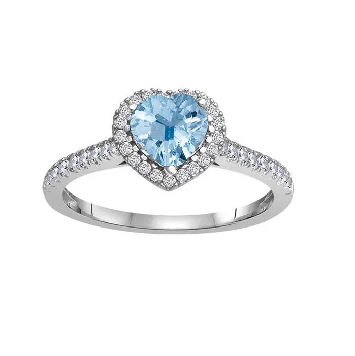 Handmade Gold Ring-6MM Simulated Aquamarine and White Sapphire Ring in 10KT White Gold