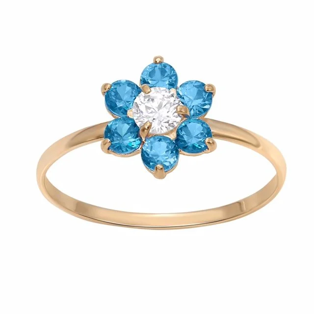 Vintage Wedding Band for Women-10KT Yellow Gold Blue Topaz Childrens Birthstone Flower Ring; Size 3