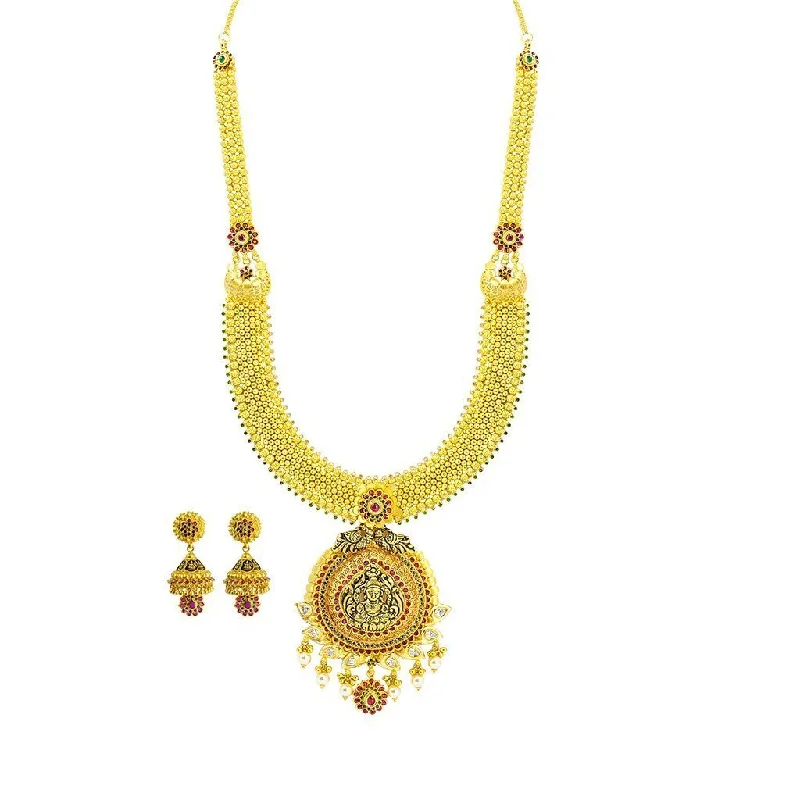 Sapphire Necklace-22K Yellow Gold Necklace & Jhumki Earrings Set W/ CZ, Ruby, Emerald, Pearls & Laxmi Pendant on U-Shaped Beaded Chain