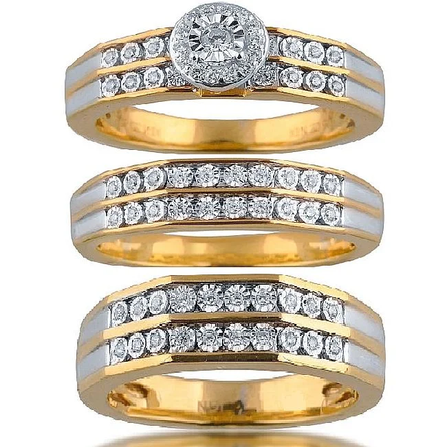 Men's Stainless Steel Ring-3/8 CTW Diamond Halo Wedding Trio Set in 10KT White and Yellow Gold