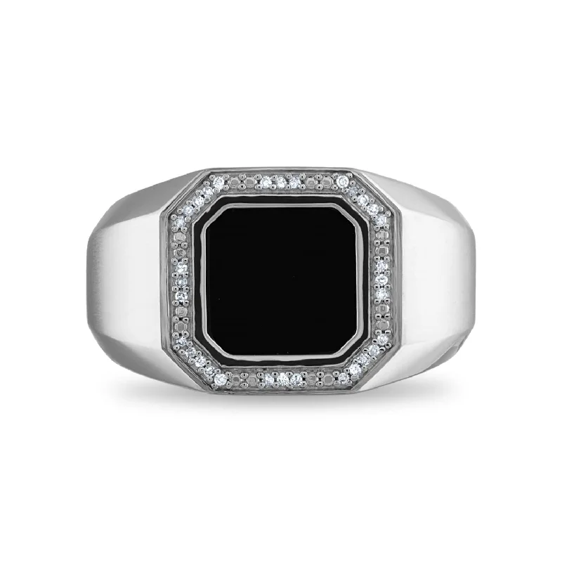 Classic Rose Gold Ring-10MM Square Onyx and Diamond Ring in Rhodium Plated Sterling Silver