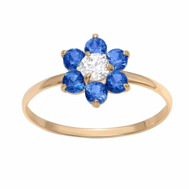 Ruby Engagement Ring for Women-10KT Yellow Gold Blue Sapphire Childrens Birthstone Flower Ring; Size 3