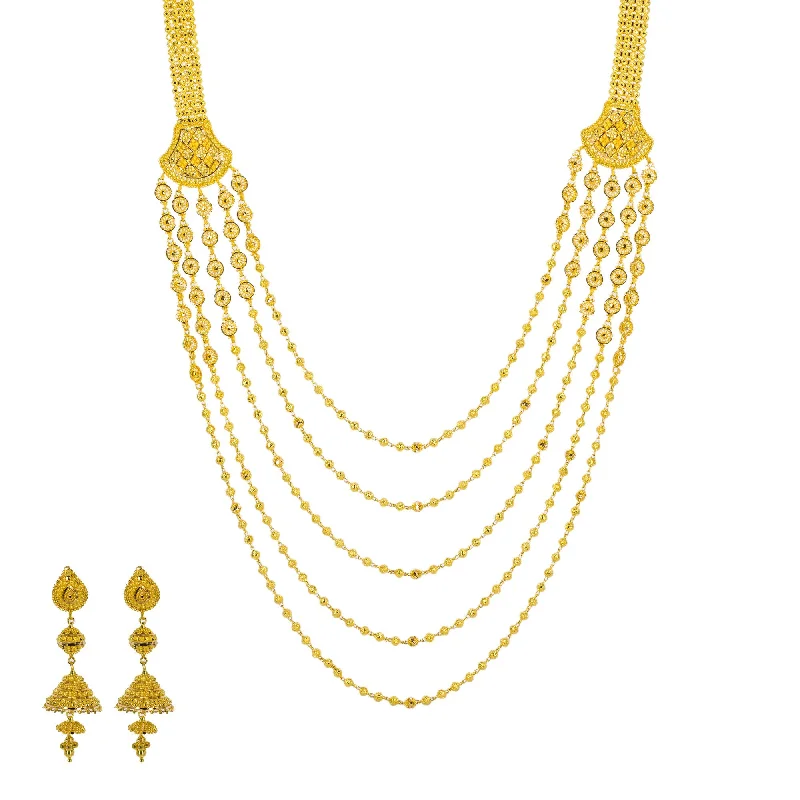 Women’s Elegant Necklace-22K Yellow Gold Long Necklace & Jhumki Earrings Set W/ Draping Gold Beaded Strands