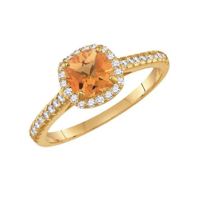 Simple Diamond Band-6MM Cushion Citrine and White Sapphire Birthstone Ring in 10KT Yellow Gold