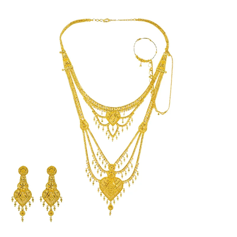 Fashionable Name Necklace-22K Yellow Gold Long Necklace & Earrings Set W/ Nath Nose Ring & Filigree Designs