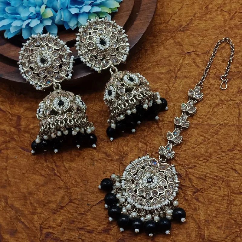 Luxury Gold Earrings-Sai Fashion Gold Plated Crystal Stone And Pearls Jhumki With Maangtika