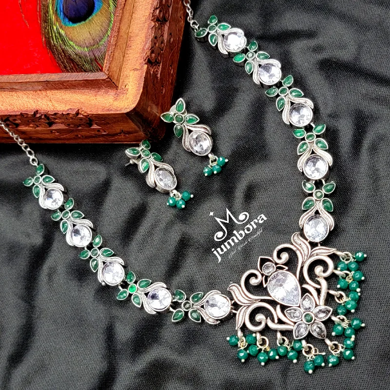 Silver Heart Necklace-Green and White AD (Zircon) Oxidized German Silver Necklace set