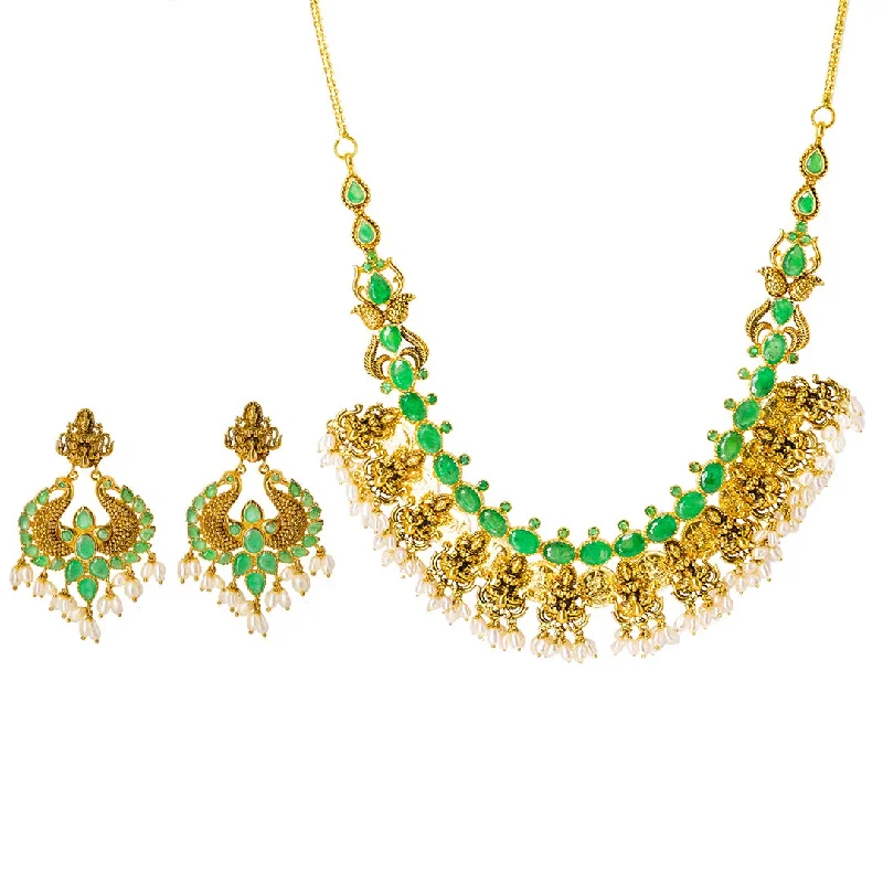 Layered Chain Pendant Necklace-22K Yellow Gold Temple Guttapusalu Necklace Set W/ Emeralds, CZ Gems, Laxmi Kasu & Laxmi Accents