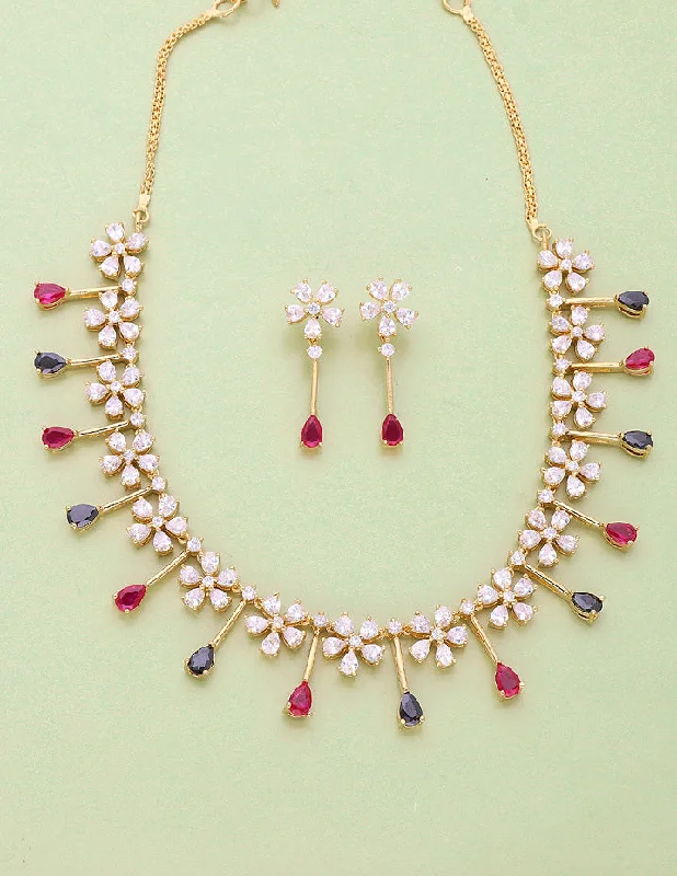 Layered Chain Necklace-Designer Gold Polish Zirconia Necklace Set